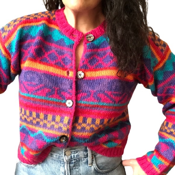 Vintage Sweaters - Vtg 80s Technicolor Mohair Crop Cardigan Sweater